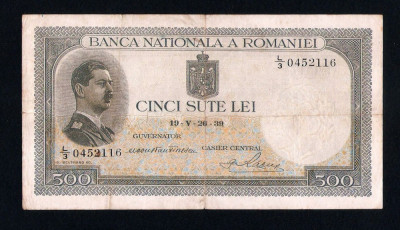 ROMANIA 500 LEI - 1939 cu Supratipar . Piesa frumoasa si rara. VF - foto