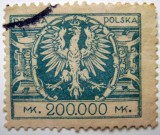Timbru rar istoric Polonia 1923 &ndash; Perioada Inflaționistă, Vulturul Polonez 200.000 Marci (MK)