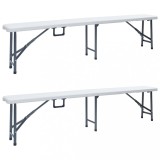 Set 2 Bănci Grădină Pliabile vidaXL, 180cm, HDPE Alb, Picnic, Camping