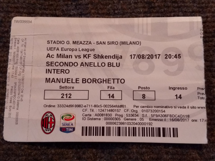 Bilet meci fotbal AC MILAN - KF SHKENDIJA (Albania) Europa League 17.08.2017