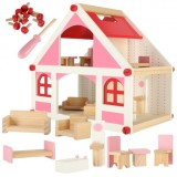 Casa de papusi roz- alb din lemn, cu mobilier, dimensiunea 26cm X 39cm X 36cm, Oem