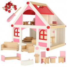 Casa de papusi roz- alb din lemn, cu mobilier, dimensiunea 26cm X 39cm X 36cm