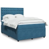 VidaXL Pat box spring cu saltea, albastru &icirc;nchis, 140x200 cm, catifea