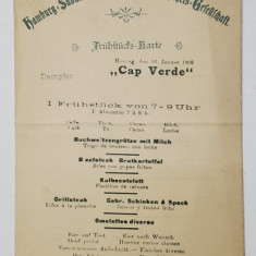 MENIUL MIC DEJUN PE VASUL TRANSATLANTIC GERMAN '' CAP VERDE '' , TEXT IN LB. GERMANA SI SPANIOLA , 1903