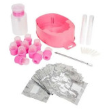 Kit bol manichiura, dozator acetona, 10 capsule pentru degete, instrument metalic, 20x folie aluminiu