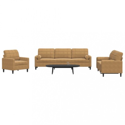 vidaXL Set de canapele cu perne/rulouri, 3 piese, maro, catifea 3278458 foto