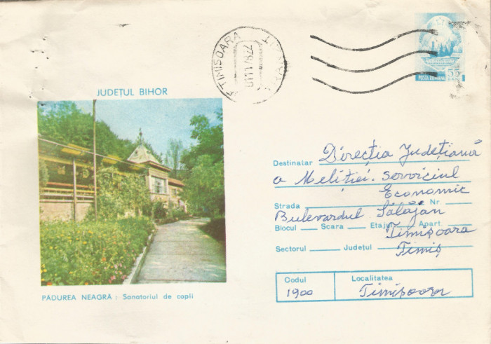 Romania, Judetul Bihor, Padurea Neagra, Sanatoriul de copii, plic circulat, 1978
