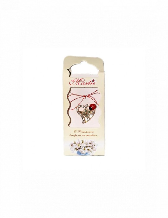 Martisor tip brosa cu model inimioara cu trifoi si buburuza pentru 1 si 8 martie