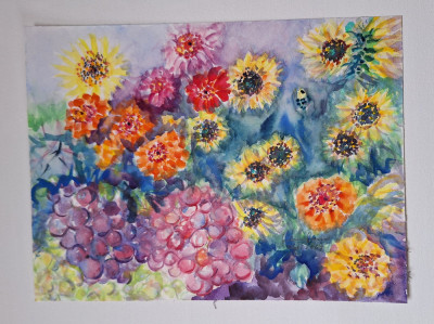 Pictura in acuarela neinramata - flori si struguri, semnata 2004, 24 x 32 cm foto