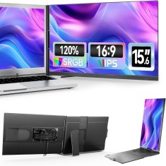 Monitor Extensibil Dublu Laptop 13.3-17", Ecran 15.6", IPS Full HD 1080P, 60Hz, Plug &amp; Play, USB-C, Portabil, Compatibil Windows MacOS Android, Negru