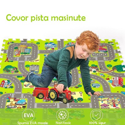 Covoras pista masinute, 9 piese tip puzzle, spuma EVA, grosime 1 cm, 90x90 cm foto