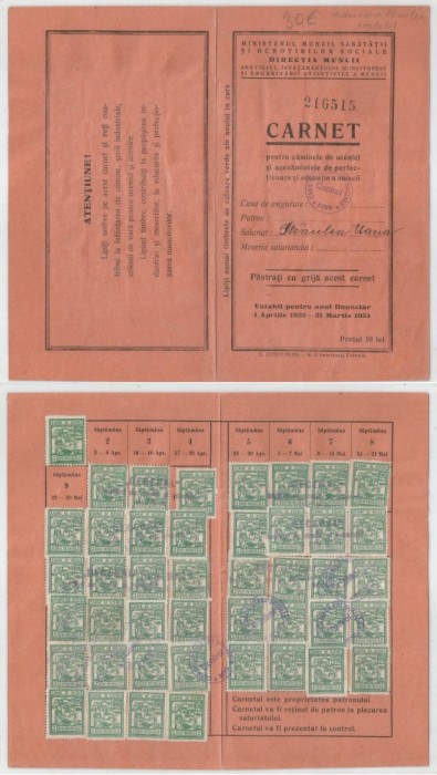 Romania, Ministerul Muncii, Sanatatii si Ocrotirilor Sociale, Directia Muncii, Carnet, Deva, 1933