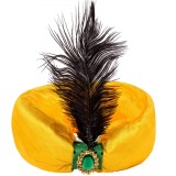 Turban Deghizare Sultan, Galben, Pană Neagră, Piatra Decorativă Galbenă, Poliester, Adulți, Oem