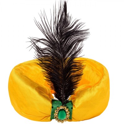 Turban Deghizare Sultan, Galben, Pană Neagră, Piatra Decorativă Galbenă, Poliester, Adulți foto