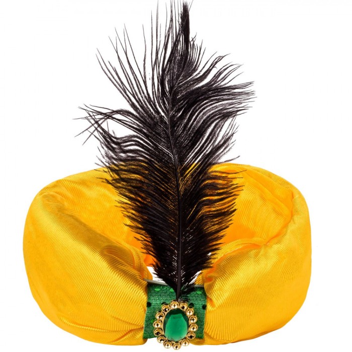 Turban Deghizare Sultan, Galben, Pană Neagră, Piatra Decorativă Galbenă, Poliester, Adulți
