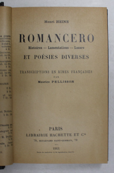 ROMANCERO ET POESIE DIVERSES par HENRI HEINE , 1911
