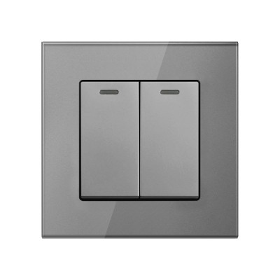 Intrerupator Dublu Cap Scara Cu Panou Din Sticla Securizata Techstar&amp;reg; TGS 01, 220V, 16A, 86 X 86 Mm, Gri, cu 2 Module foto