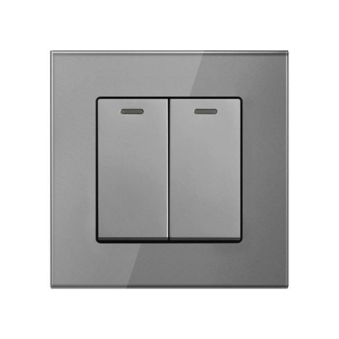 Intrerupator Dublu Cap Scara Cu Panou Din Sticla Securizata Techstar&reg; TGS 01, 220V, 16A, 86 X 86 Mm, Gri, cu 2 Module