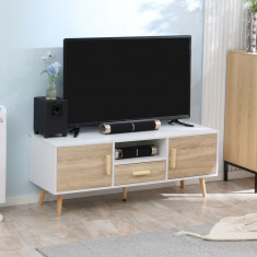 HOMCOM Suport TV modern pentru televizoare de pana la 46", Unitate TV cu dulapuri si sertar, consola media cu usa pentru sufragerie, stejar