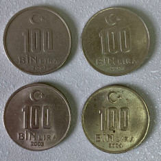 Lot complet 4 monede 100000 lire - 100 bin lira - 2001-2004 Turcia-KM 1106 (61)