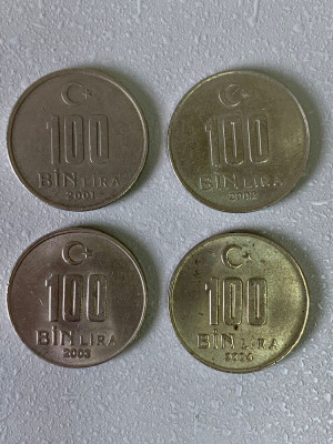 Lot complet 4 monede 100000 lire - 100 bin lira - 2001-2004 Turcia-KM 1106 (61) foto