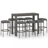 Set mobilier bar de grădină cu perne, 9 piese, gri, poliratan, vidaXL