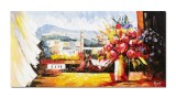 Tablou cu flori la fereastra pictat manual, O zi minunata, 120x60cm ulei pe panza