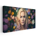 Tablou portret femeie fundal flori 1731 Tablou canvas pe panza CU RAMA 60x120 cm