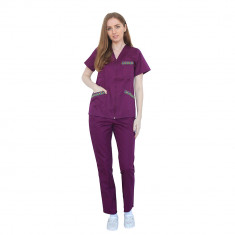 Costum medical cu motive traditionale, cu bluza cu fermoar si pantaloni visina cu elastic S INTL foto