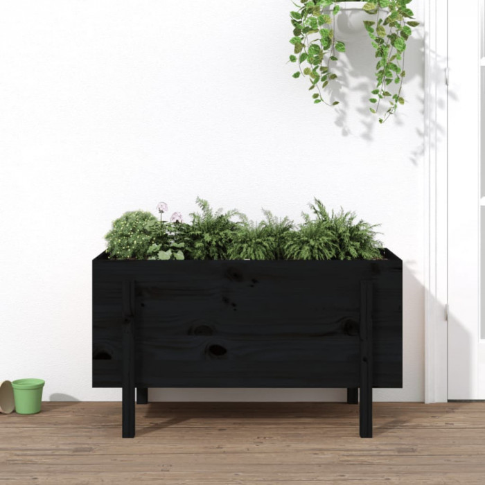Strat &icirc;nălțat de grădină, negru, 101x50x57 cm, lemn masiv pin