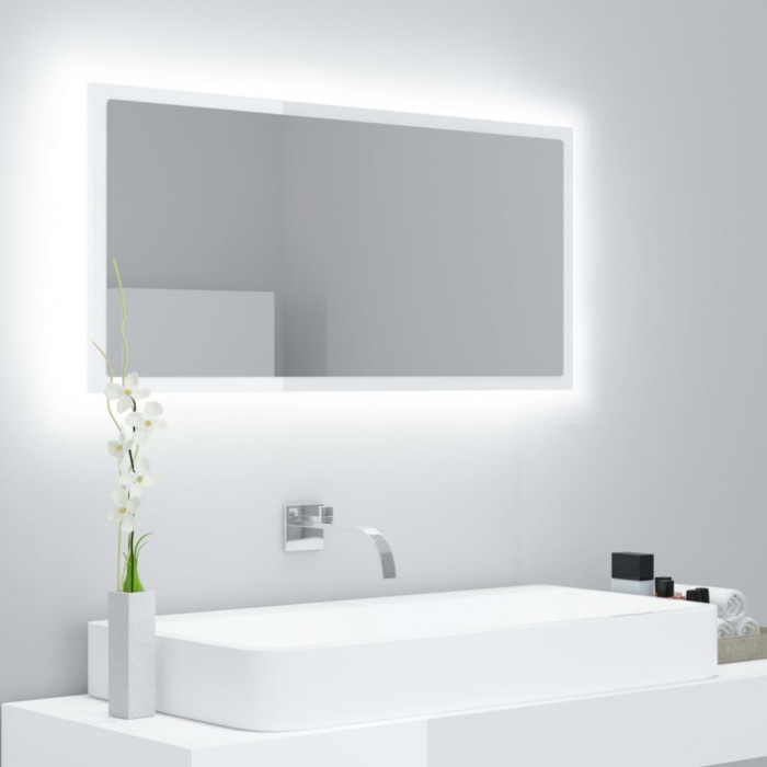 Gossi oglinda de baie cu led, alb extralucios, 90x8,5x37 cm, acril