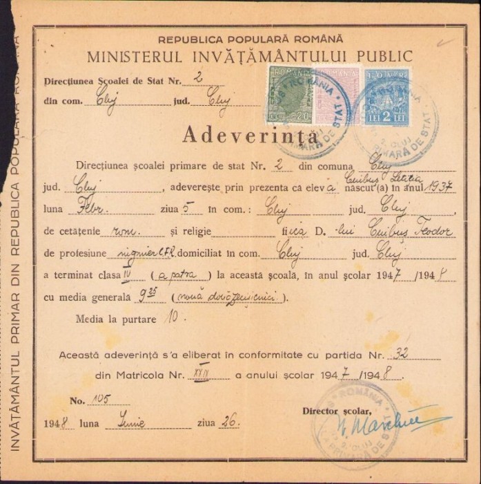 A1127 Adeverință absolvire clasa a IV-a, 1948, Cluj