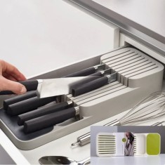 Organizator / suport pentru cutite, cu 2 nivele, pentru 18 cutite, design modern, nu ocupa mult spatiu, gri