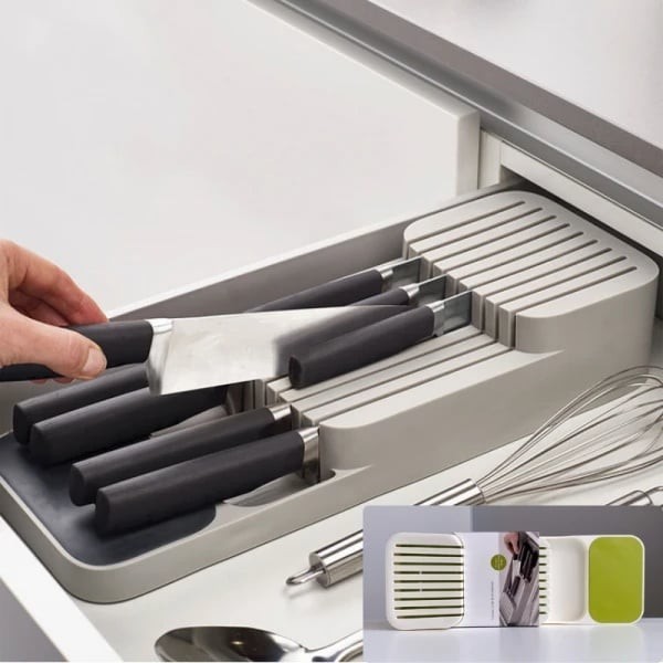 Organizator / suport pentru cutite, cu 2 nivele, pentru 18 cutite, design modern, nu ocupa mult spatiu, gri
