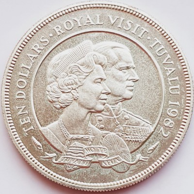 675 Tuvalu 10 Dollars 1982 Elizabeth II (Royal Visit) 35g km 15 argint foto