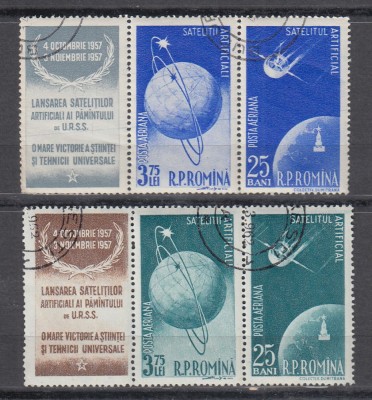 1957 LP 444 a SATELITI ARTIFICIALI AI PAMANTULUI TRIPTIC CU VINIETA STAMPILAT foto