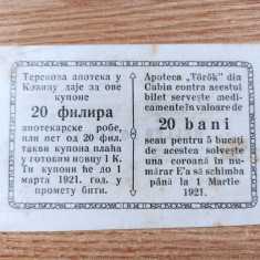Romania / Serbia asignata / bon orasul Cuvin / Cubin 20 Filler / Bani 1921 Banat