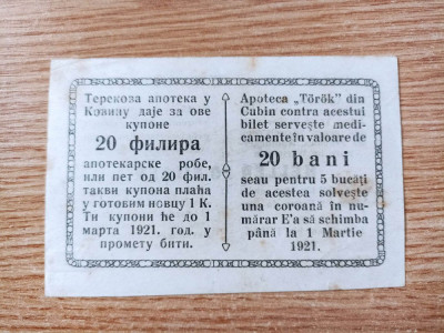 Romania / Serbia asignata / bon orasul Cuvin / Cubin 20 Filler / Bani 1921 Banat foto