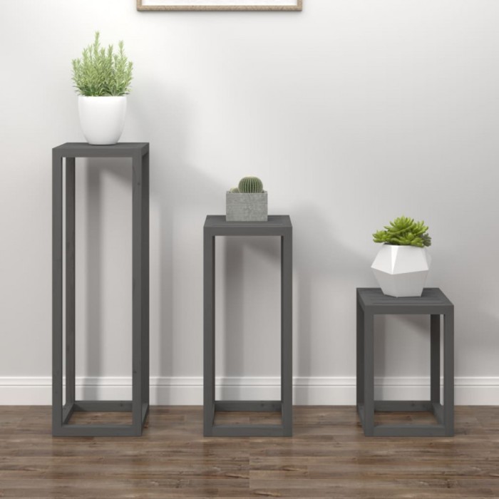vidaXL Set suport de plante, 3 piese, gri, lemn masiv de pin 822269