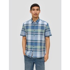 Camasa barbati cu maneca scurta din amestec de in si bumbac, imprimeu in carouri, croiala Regular fit, Albastru, S