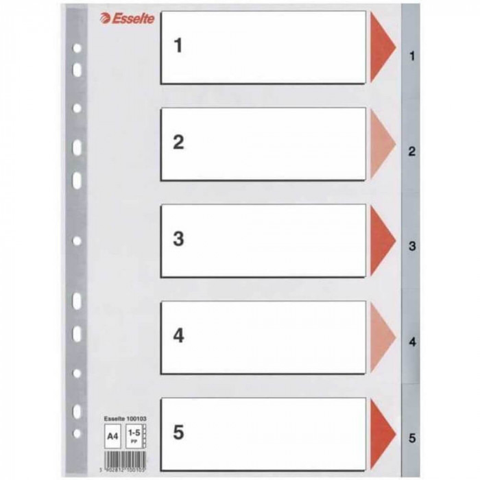 Index A4 Esselte, cu 5 Separatoare, Plastic, Gri, Index de Plastic 1-5, Index de Plastic Numerotat cu Separatoare, Index de la 1 la 5, Index cu Separa