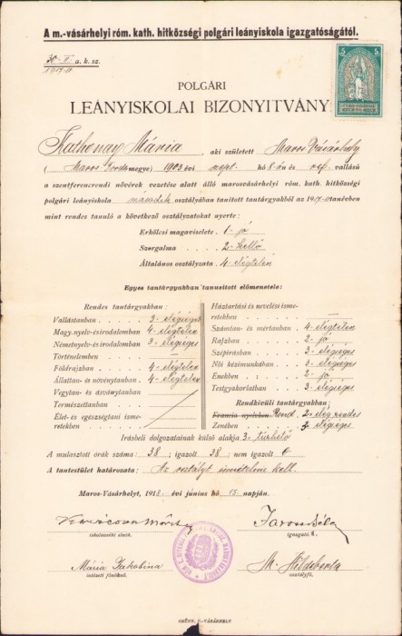 HST A1856 Certificat școlar 1918 T&acirc;rgu Mureș