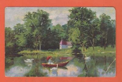 AMS @ - VEDERE PEISAJ DIN NATURA, LAC, LEBEDE, 1924, CIRCULATA, colt dreapta indoit foto