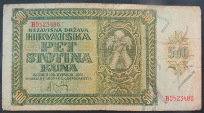 Bancnota istorica 500 KUNA - CROATIA ocupatie fascista, anul 1941 *cod 644 B foto
