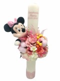 Lumanare Minnie pentru botez fetita, 40 cm, cu flori din matase, real touch si naturale (personalizabila cromatic si cu text), Eventissimi&reg;