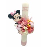 Lumanare Minnie pentru botez fetita, 40 cm, cu flori din matase, real touch si naturale (personalizabila cromatic si cu text)