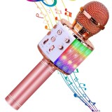 Cumpara ieftin Microfon Karaoke Portabil 5 in 1 pentru Copii, cu Bluetooth, Difuzor, USB, Card SD si Compatibil cu Aplicatii Karaoke, Rose Gold