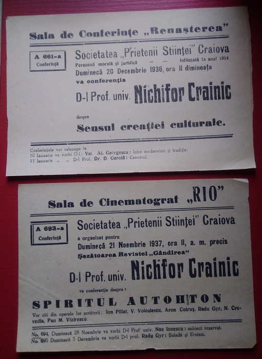 2 Afișe Conferințe Nichifor Crainic - 1936 - 1937