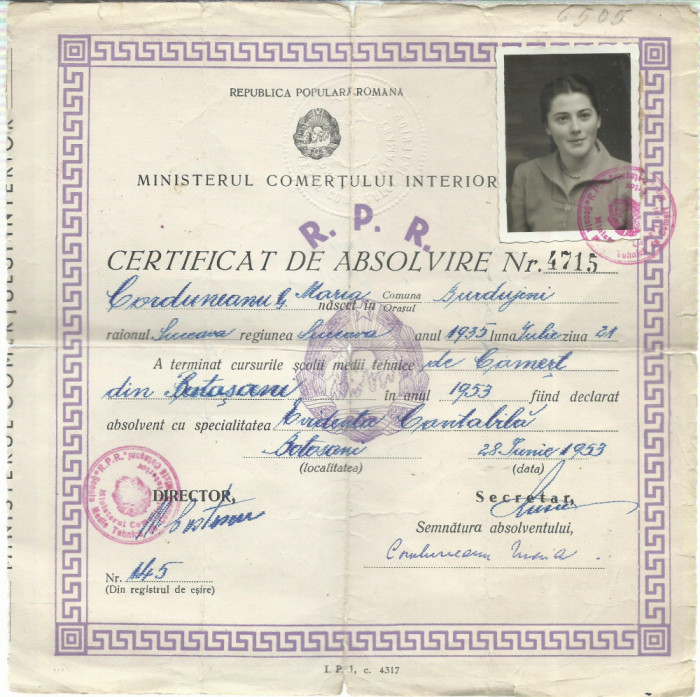 AMS# - CERTIFICAT DE ABSOLVIRE BURDUJENI, SUCEAVA 1953