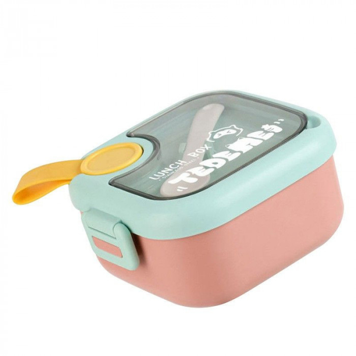 Caserola pentru copii eMazing, lunch box, 750 ml, doua boluri, lingura, foarfeca din plastic, rezistenta la scurgeri, Roz